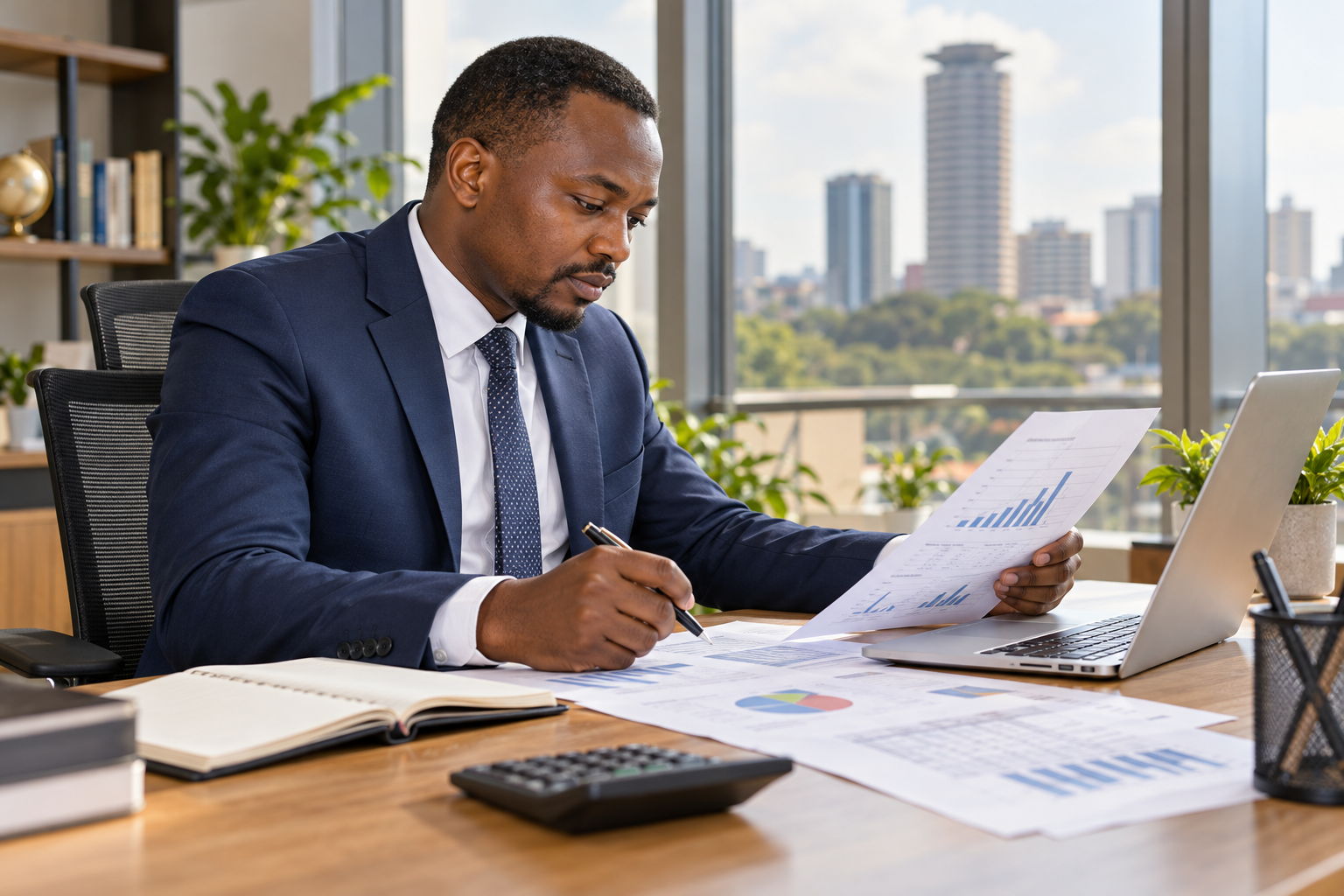 Illustrative image of a Black professional reviewing financial documents