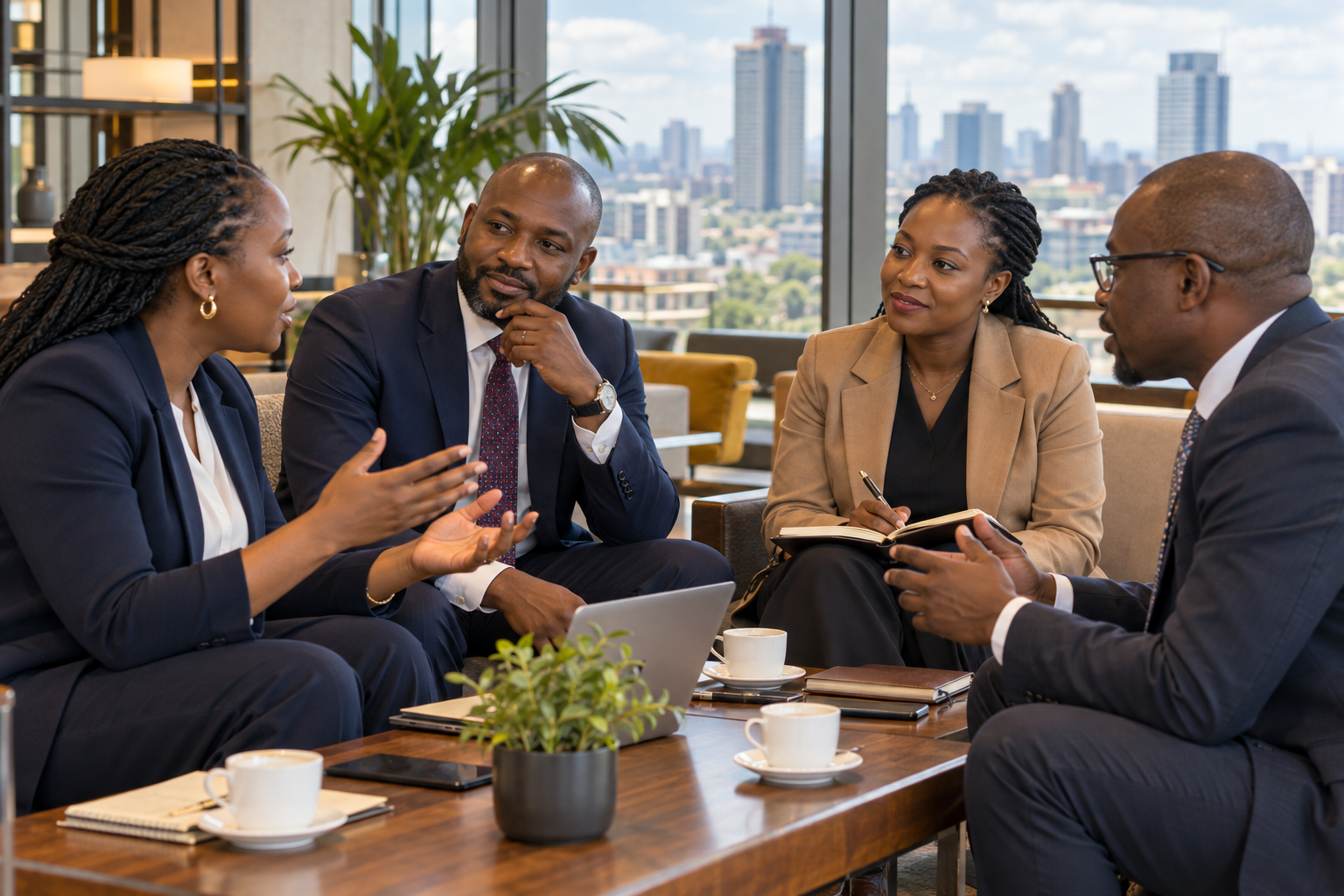 Illustrative image of Black professionals networking in a conference lounge
