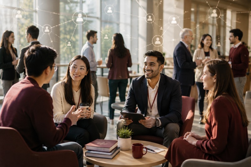 Professionals sharing ideas around a meeting table