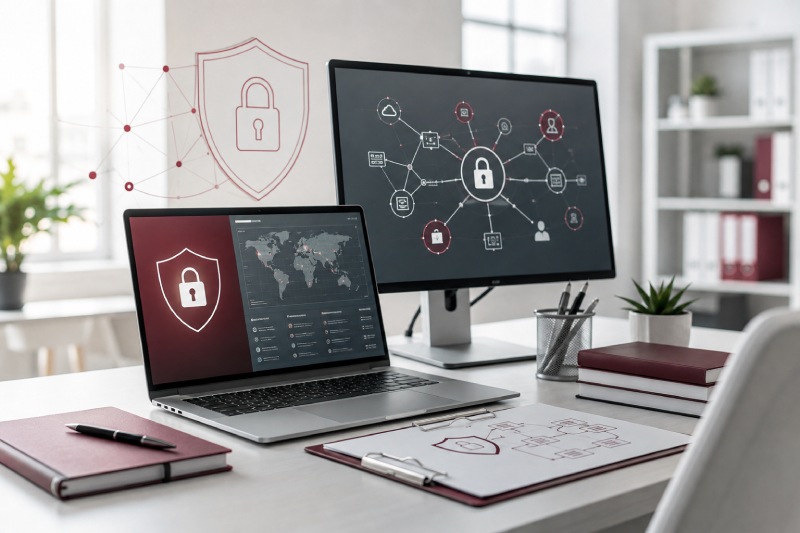 Computer screens illustrating information security and organisational controls